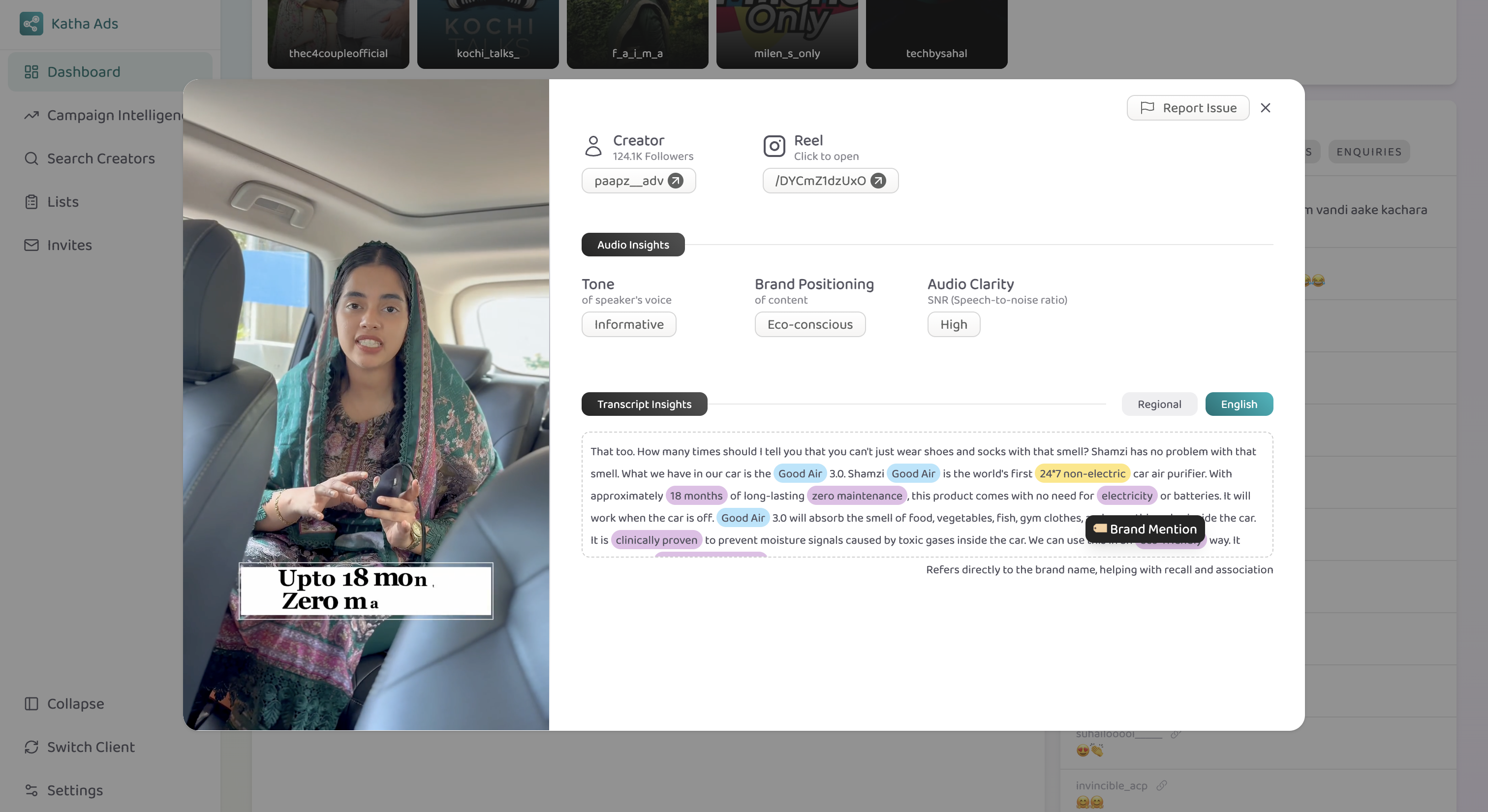 AI transcript analysis — brand mentions, tone, audio insights